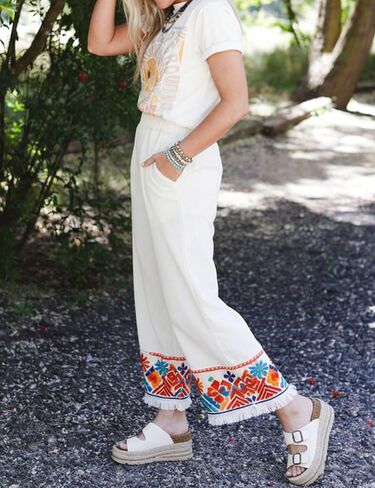 Hooever Women's High Waisted Wide Leg Pants Boho Tribal Print Fringe Hem Elastic Waist Casual Summer Beach Trousers in Saudi Arabia