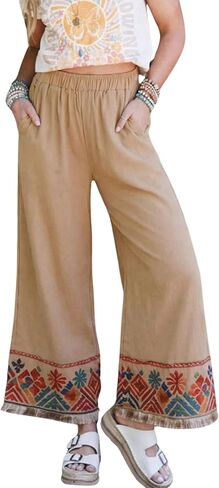 Hooever Women's High Waisted Wide Leg Pants Boho Tribal Print Fringe Hem Elastic Waist Casual Summer Beach Trousers in Saudi Arabia