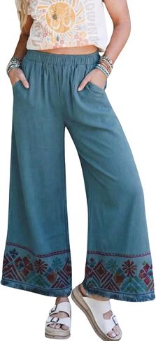 Hooever Women's High Waisted Wide Leg Pants Boho Tribal Print Fringe Hem Elastic Waist Casual Summer Beach Trousers in Saudi Arabia