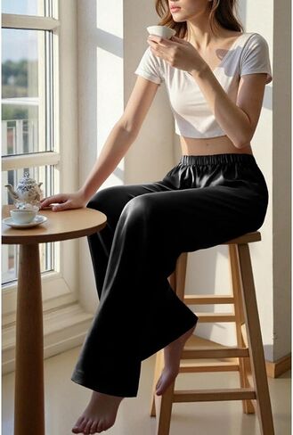Silk Pants for Women Casual Elastic High Waisted Wide Leg Womens Satin Pants in Saudi Arabia