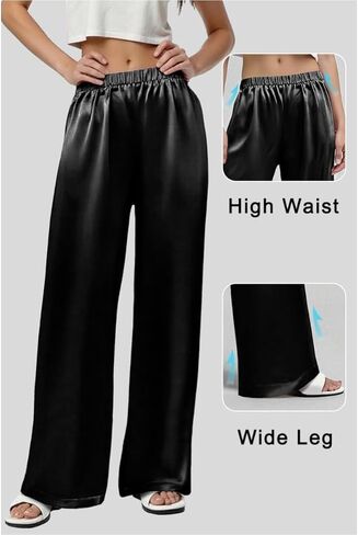 Silk Pants for Women Casual Elastic High Waisted Wide Leg Womens Satin Pants in Saudi Arabia