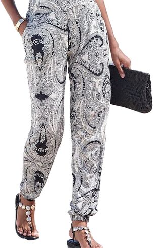 LASCANA Women's Casual Boho Pants - Flat Front, Elastic Waistband & Leg-Ends, Side Slit Pockets, Comfy in Saudi Arabia