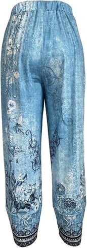 Retro Floral Print Jogger Pants for Women,1-Piece Tapered Drawstring Waist Pants Size M with Side Detail,Lightweight Lounge Pants in Blue in Saudi Arabia