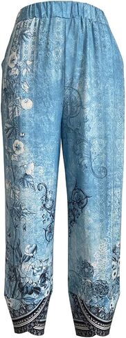 Retro Floral Print Jogger Pants for Women,1-Piece Tapered Drawstring Waist Pants Size M with Side Detail,Lightweight Lounge Pants in Blue in Saudi Arabia