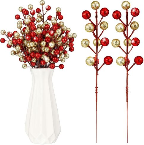 Thiccywoov 24 Pcs Christmas Glitter Berries Stems, 8.8" H Artificial Christmas Picks for Christmas Tree Ornaments, Holiday Wreath DIY Crafts, Xmas and Home Decor(Red, White) in Saudi Arabia