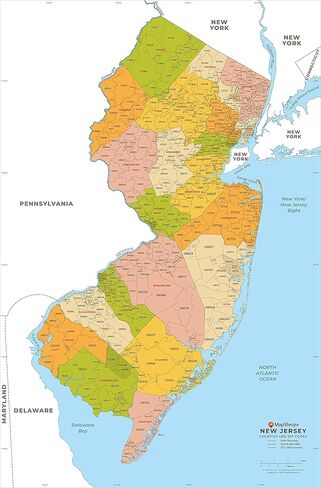 New Jersey ZIP Code Map with Counties - Standard - 36" x 55" Laminated in Saudi Arabia