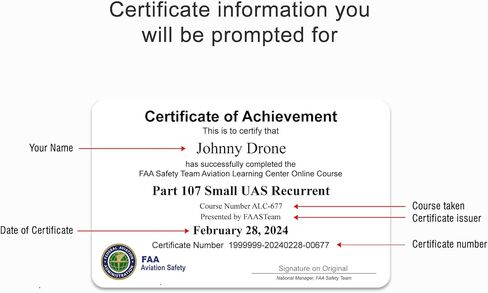 Part 107 Small UAS Recurrent Certificate of Achievement hard-copy of your card in Saudi Arabia