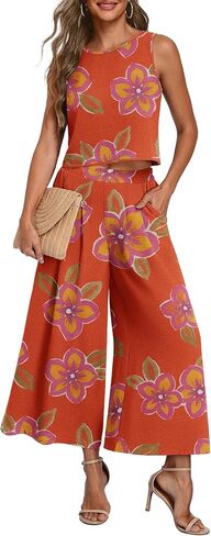 Lepunuo Womens Summer 2 Piece Outfits Sleeveless Crop Top Flowy Wide Leg Pants Matching Sets Vacation Beach Travel Outfits in Saudi Arabia