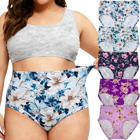 Women's Briefs Underwear Plus Size Panties Floral Print 5 Pack Briefs Plus Underwear Ladies Panty Multipack in Saudi Arabia