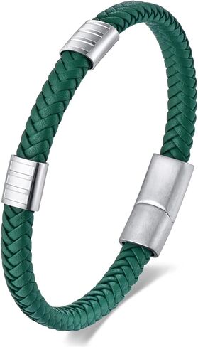 Mens Braided Green Leather Bracelet, Slim Leather Bracelet with Silver Color Stainless Steel Charm, Unisex,Minimalist and Urban Style in Saudi Arabia