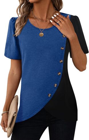 MixShe Womens Color Block Tops Short Sleeve Button Asymmetrical Casual Crewneck Pullover Shirts in Kuwait