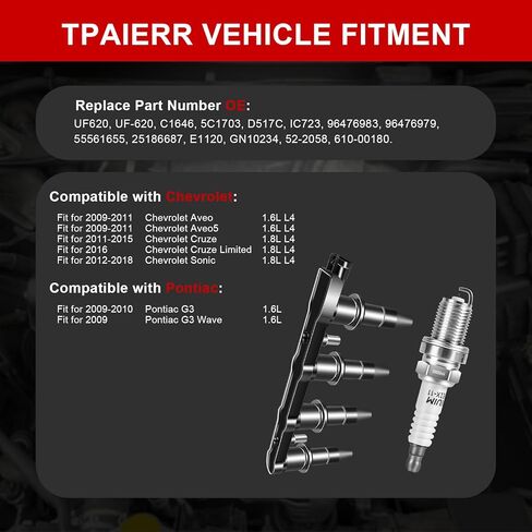 حزمة ملف الإشعال UF620 و4504 وشمعات الإشعال إيريديوم OEM للسيارات المتوافقة مع Chevy Cruze 2011-2015/Sonic 2012-2018/Aveo Aveo5 2009-2011/Pontiac G3 2009-2010 1.6L 1.8L L4 C1646 in Kuwait