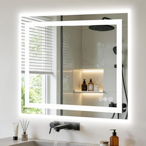 NEWBULIG 36X36 مرآة حمام LED مع أضواء، مضادة للضباب، إضاءة خلفية + إضاءة أمامية، مرآة زينة حمام مضاءة للجدار، وظيفة الذاكرة، عاكسة للضوء، زجاج مقسى، مقاومة للكسر in Kuwait