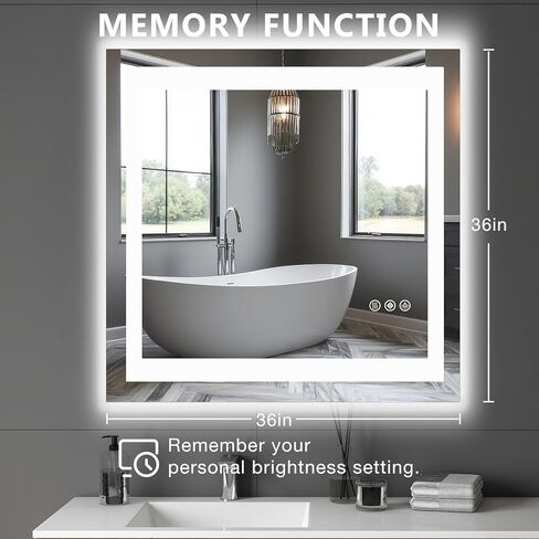NEWBULIG 36X36 مرآة حمام LED مع أضواء، مضادة للضباب، إضاءة خلفية + إضاءة أمامية، مرآة زينة حمام مضاءة للجدار، وظيفة الذاكرة، عاكسة للضوء، زجاج مقسى، مقاومة للكسر in Kuwait