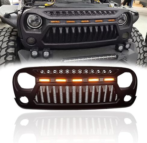 Front Grille Mesh Grill With Amber LED Running Lights Matte Black ABS Accessories Replacement Compatible With Jeep Wrangler JK JKU 2007-2018 Unlimited Rubicon Sahara Sport Grille in Saudi Arabia