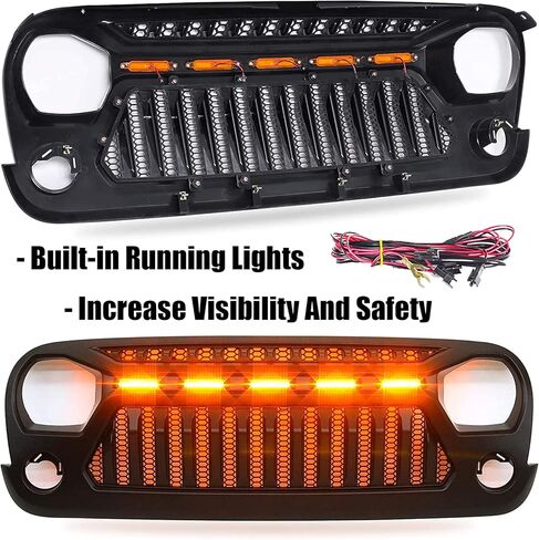 Front Grille Mesh Grill With Amber LED Running Lights Matte Black ABS Accessories Replacement Compatible With Jeep Wrangler JK JKU 2007-2018 Unlimited Rubicon Sahara Sport Grille in Saudi Arabia