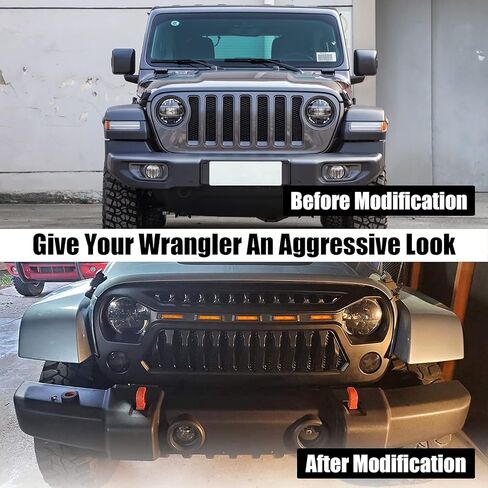 Front Grille Mesh Grill With Amber LED Running Lights Matte Black ABS Accessories Replacement Compatible With Jeep Wrangler JK JKU 2007-2018 Unlimited Rubicon Sahara Sport Grille in Saudi Arabia