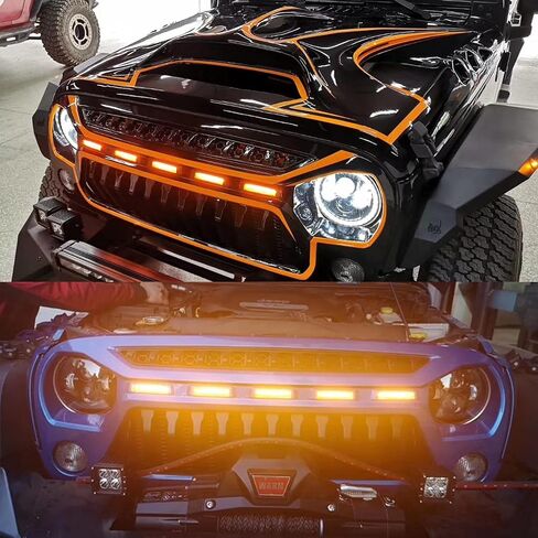 Front Grille Mesh Grill With Amber LED Running Lights Matte Black ABS Accessories Replacement Compatible With Jeep Wrangler JK JKU 2007-2018 Unlimited Rubicon Sahara Sport Grille in Saudi Arabia