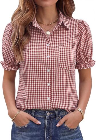 LOMON Women's Button Down Shirts V Neck Short Puff Sleeve Cotton Linen Cute Top Collared Summer Work Blouses Dressy Casual in Saudi Arabia