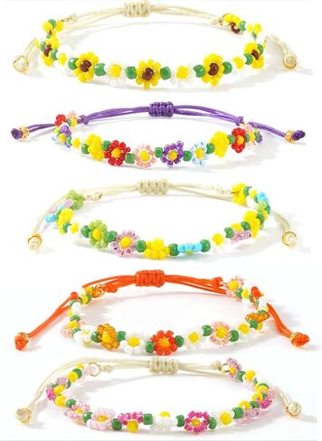Ustome Colorful Daisy Flower 5Pcs Stack Gold Seed Bead Bracelets Set for Women, Boho Cute Floral Lucky Rope Freshwater Pearl Adjustable String Jewelry, Spring Summer Wedding Friendship Gift in Saudi Arabia