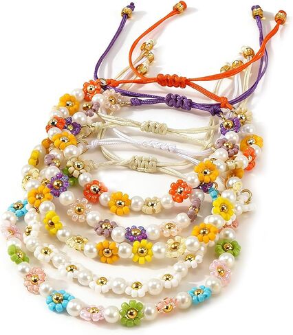 Ustome Colorful Daisy Flower 5Pcs Stack Gold Seed Bead Bracelets Set for Women, Boho Cute Floral Lucky Rope Freshwater Pearl Adjustable String Jewelry, Spring Summer Wedding Friendship Gift in Saudi Arabia
