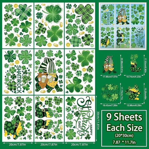 St Patricks Day Window Clings - 9 Sheets Extra Large (7.87x11.81in) Gnome & Shamrock Stickers for Glass, Home, Shop, Kitchen & Office Irish Decor in Saudi Arabia