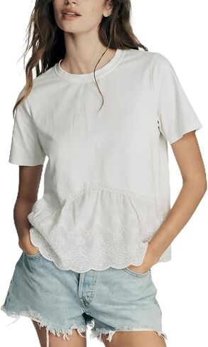 قمصان نسائية قصيرة الأكمام صيفية مطرزة بالقطن وقمصان كاجوال بياقة دائرية in Kuwait