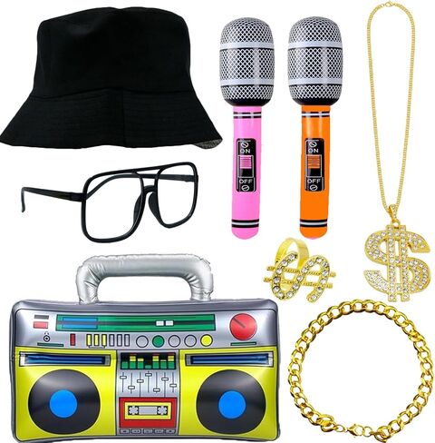مجموعة أزياء هيب هوب التسعينيات من القرن الماضي، مجموعة كاملة من معدات مغني الراب للرجال وقبعة كبيرة الحجم، وقلادة سلسلة، ونظارات والمزيد من الأشياء اللامعة المثالية للحفلات in Kuwait
