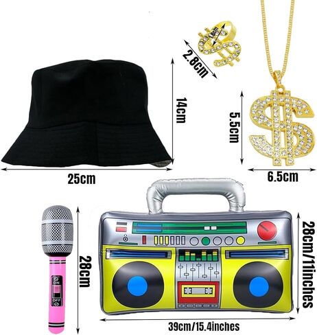 مجموعة أزياء هيب هوب التسعينيات من القرن الماضي، مجموعة كاملة من معدات مغني الراب للرجال وقبعة كبيرة الحجم، وقلادة سلسلة، ونظارات والمزيد من الأشياء اللامعة المثالية للحفلات in Kuwait