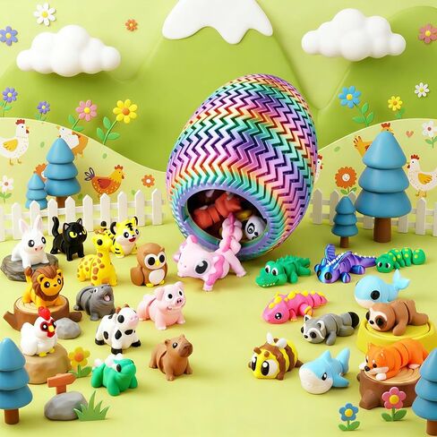51PCS 3D Printed Animals Easter Basket Stuffers with 5.1" Jumbo Egg & Pink Axolotl, Articulated Animal Figurines for Desk Pets, Secure Twist-Lock Storage Egg, Stress Relief Collectibles in Saudi Arabia