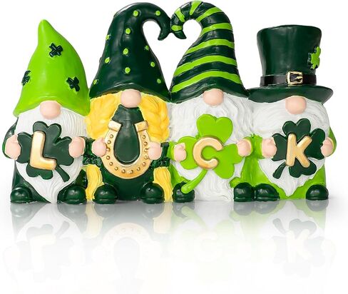 ديكورات يوم القديس باتريك ديكور جنوم - تماثيل الحظ جنوم باللون الأخضر الأيرلندي مع نبات النفل الأخضر وديكور حدوة الحصان لديكور المنزل على الطاولة in Kuwait