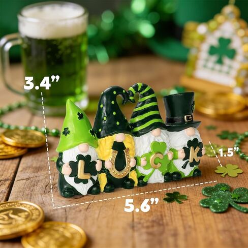 ديكورات يوم القديس باتريك ديكور جنوم - تماثيل الحظ جنوم باللون الأخضر الأيرلندي مع نبات النفل الأخضر وديكور حدوة الحصان لديكور المنزل على الطاولة in Kuwait