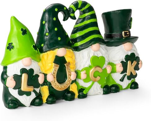 ديكورات يوم القديس باتريك ديكور جنوم - تماثيل الحظ جنوم باللون الأخضر الأيرلندي مع نبات النفل الأخضر وديكور حدوة الحصان لديكور المنزل على الطاولة in Kuwait