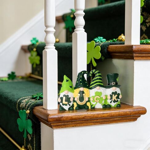 ديكورات يوم القديس باتريك ديكور جنوم - تماثيل الحظ جنوم باللون الأخضر الأيرلندي مع نبات النفل الأخضر وديكور حدوة الحصان لديكور المنزل على الطاولة in Kuwait