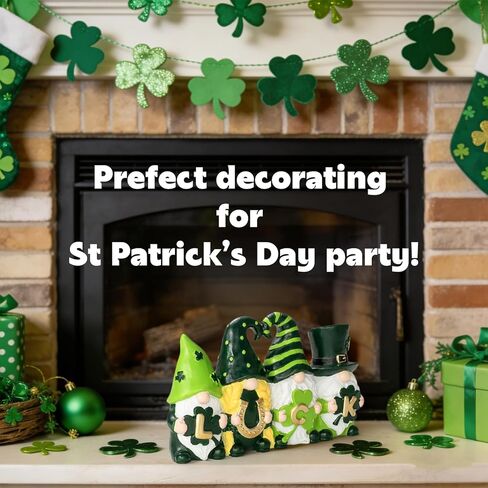 ديكورات يوم القديس باتريك ديكور جنوم - تماثيل الحظ جنوم باللون الأخضر الأيرلندي مع نبات النفل الأخضر وديكور حدوة الحصان لديكور المنزل على الطاولة in Kuwait