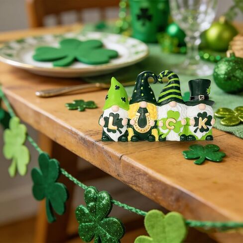 ديكورات يوم القديس باتريك ديكور جنوم - تماثيل الحظ جنوم باللون الأخضر الأيرلندي مع نبات النفل الأخضر وديكور حدوة الحصان لديكور المنزل على الطاولة in Kuwait