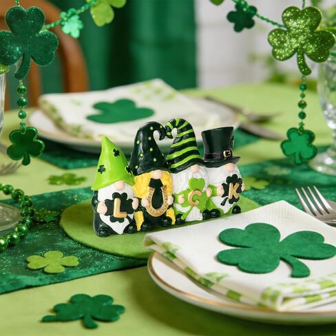 ديكورات يوم القديس باتريك ديكور جنوم - تماثيل الحظ جنوم باللون الأخضر الأيرلندي مع نبات النفل الأخضر وديكور حدوة الحصان لديكور المنزل على الطاولة in Kuwait