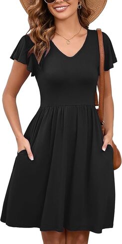 Heymoments Women's Ruffle Sleeve V Neck Swing Sundress Summer Casual A-Line Midi Dress with Pockets S-2XL in Kuwait