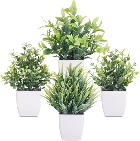 CEWOR Fake Plants 4 Packs Small Artificial Greenery Mini White Potted Plants Bathroom Accessories Decorations for Desk Bathroom Office Home Room Kitchen Table Indoor in Kuwait