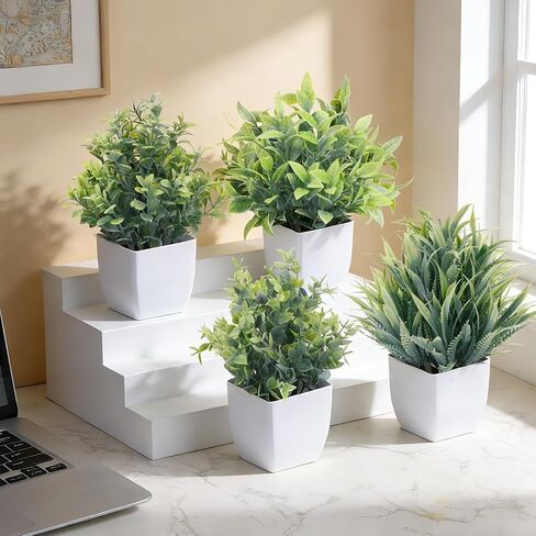 CEWOR Fake Plants 4 Packs Small Artificial Greenery Mini White Potted Plants Bathroom Accessories Decorations for Desk Bathroom Office Home Room Kitchen Table Indoor in Kuwait