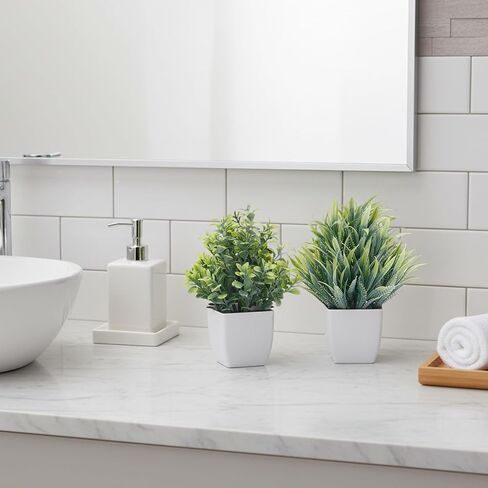 CEWOR Fake Plants 4 Packs Small Artificial Greenery Mini White Potted Plants Bathroom Accessories Decorations for Desk Bathroom Office Home Room Kitchen Table Indoor in Kuwait