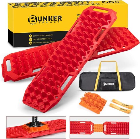 لوحات الجر على الطرق الوعرة من بانكر إندست مع قاعدة رفع جاك، قطعتان من حصيرة الجر متعددة الوظائف لمسار الاسترداد لشاحنات الدفع الرباعي UTV SUV - الطين والرمل والثلج، أجهزة جر إطارات الثلج باللون الأسود مع حقيبة حمل in Kuwait