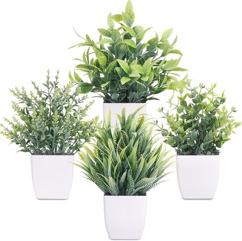 cewor النباتات وهمية 4 حزم صغيرة من الخضرة الاصطناعية الصغيرة البيضاء بوعاء النباتات اكسسوارات الحمام زينة لمكتب الحمام مكتب غرفة المنزل طاولة المطبخ داخلي in Kuwait
