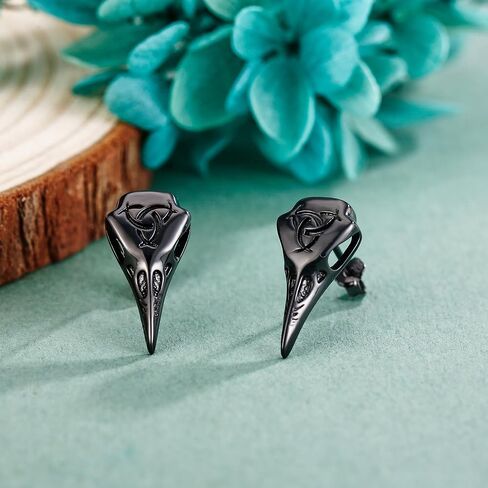 URONE Raven Skull Earrings 925 Sterling Silver Odin Triple Horn Stud Earrings Black Viking Raven Skull Jewelry Gifts for Men Women in Saudi Arabia