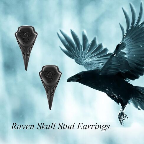 URONE Raven Skull Earrings 925 Sterling Silver Odin Triple Horn Stud Earrings Black Viking Raven Skull Jewelry Gifts for Men Women in Saudi Arabia