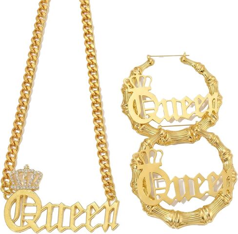 مجموعة مجوهرات التسعينيات للنساء - 3 قطع، قلادة مميزة من التسعينيات وأقراط من الخيزران لأزياء حفلات الهيب هوب النسائية in Kuwait