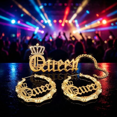 مجموعة مجوهرات التسعينيات للنساء - 3 قطع، قلادة مميزة من التسعينيات وأقراط من الخيزران لأزياء حفلات الهيب هوب النسائية in Kuwait