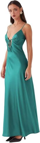 Women's Satin Prom Dress Sleeveless V-Neck Tie Front Open Back Bow Tie Evening Gown Formal Cocktail Party Dress in Saudi Arabia