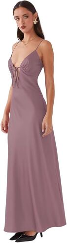 Women's Satin Prom Dress Sleeveless V-Neck Tie Front Open Back Bow Tie Evening Gown Formal Cocktail Party Dress in Saudi Arabia