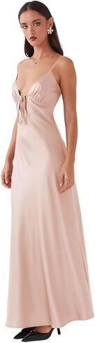Women's Satin Prom Dress Sleeveless V-Neck Tie Front Open Back Bow Tie Evening Gown Formal Cocktail Party Dress in Saudi Arabia